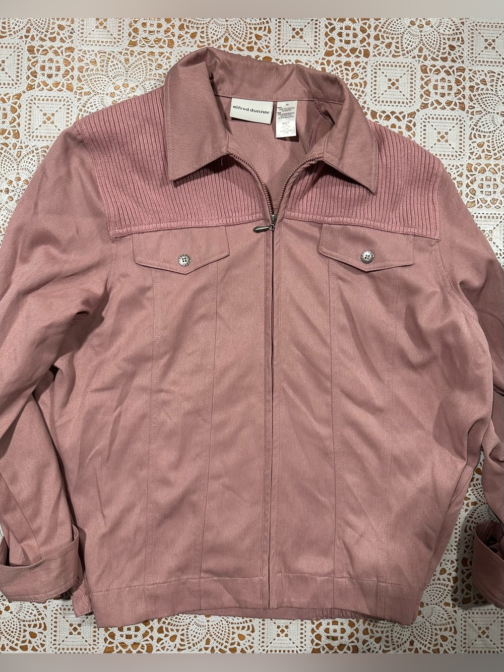 Alfred Dunner Dusty Rose Zip Jacket Ribbed Yoke Size 14